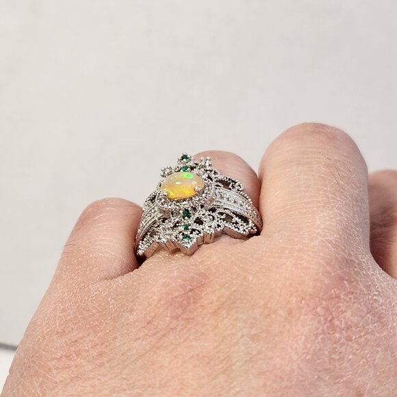 NIB 925 Art Deco Natural Opal & Tsavorite Accent Ornate Scroll Ring Sz 8.5 - Picture 12 of 12